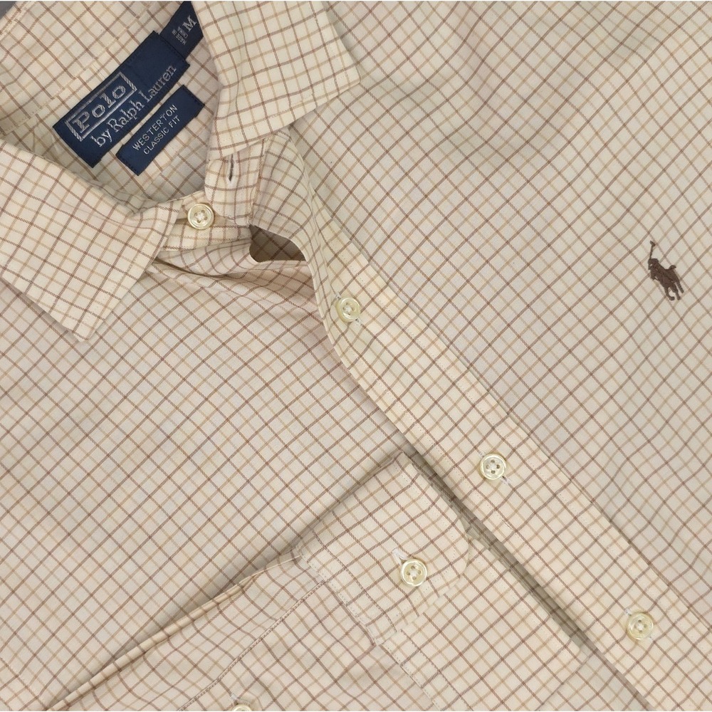Polo Ralph Lauren Shirt Mens Medium Beige Grid Check Westerton Classic Button Up